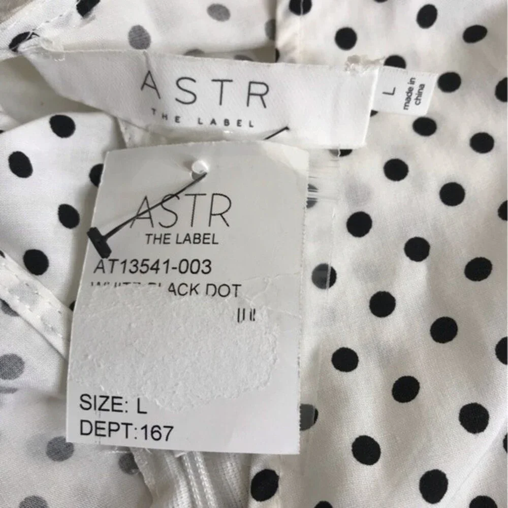 NWT Astr White Black Polka Dot Surplice Neck Gather Puff Long Sleeve Women Large